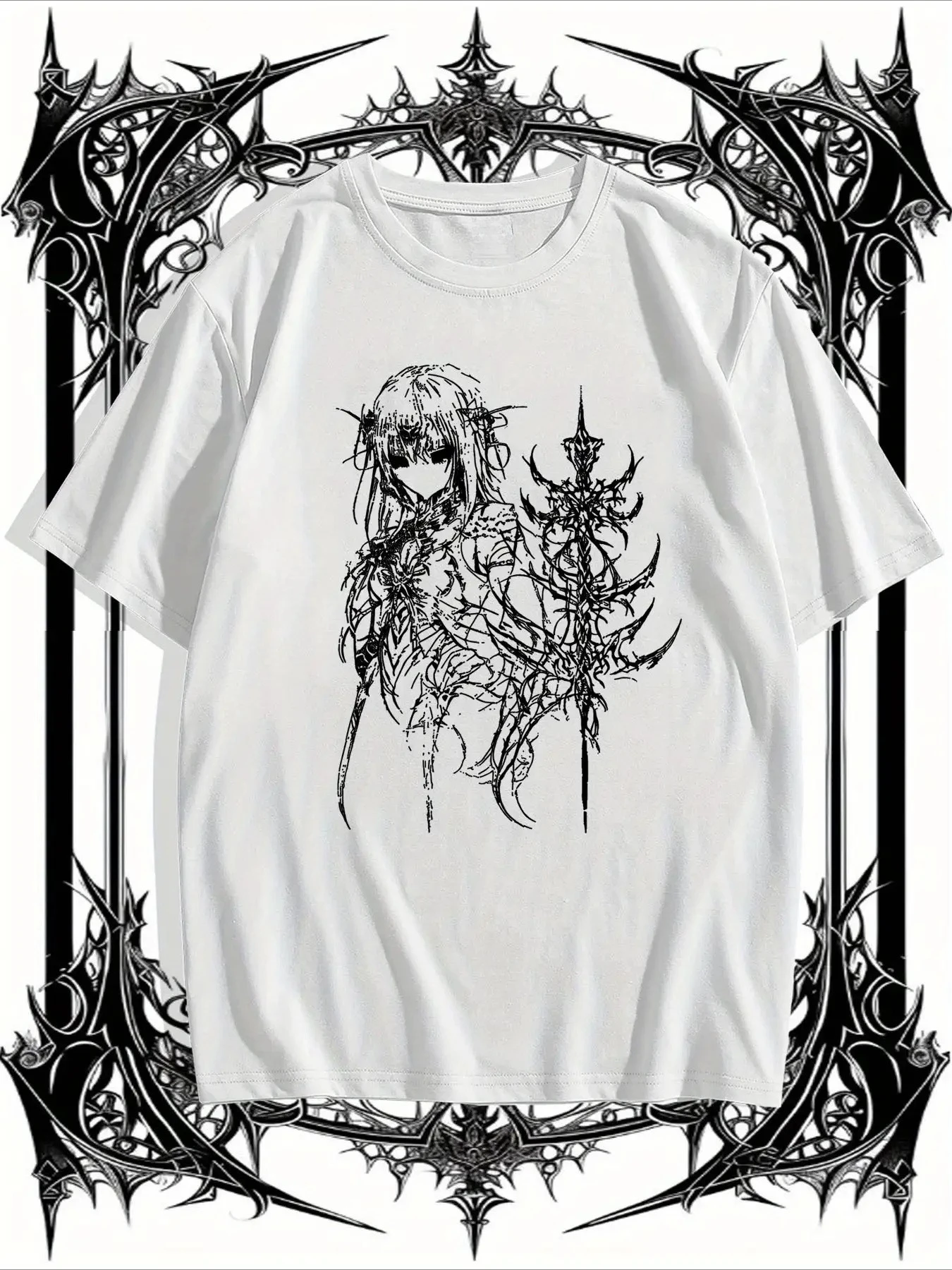 Latest Subcultural Anime Dark Line Draft Girl Thorn Pattern Printed Cotton Street Atmosphere Versatile T-shirt