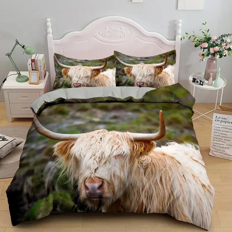 Highland Cow Duvet Cover, Bull Cattle Bedding Set Western Cowboy Comforter Cover Full Queen for Boys Teen Farmhouse Quilt Cover