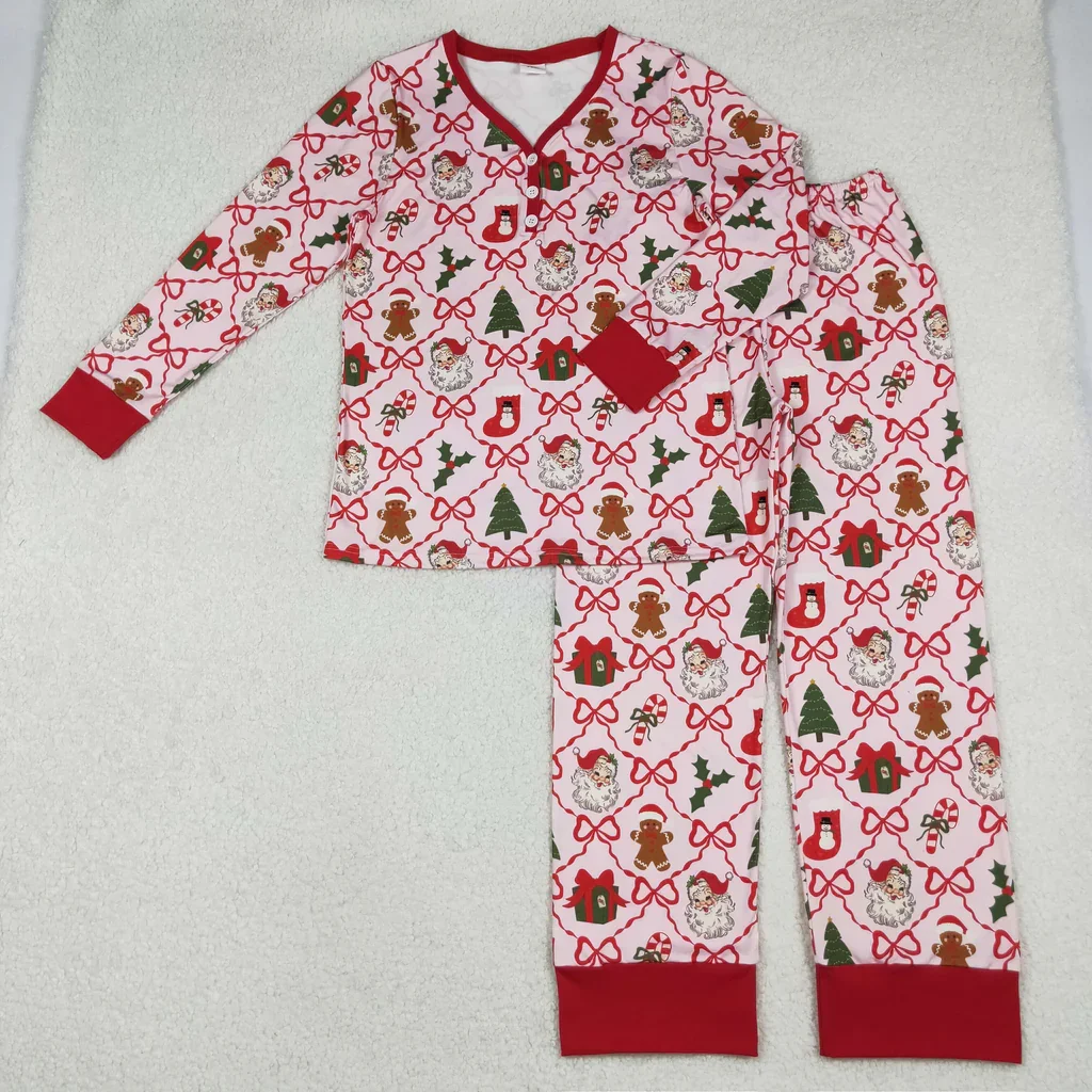 Red Plaid Buttons Adult Women Set Christmas Santa Trees Red Adult Women Pajamas