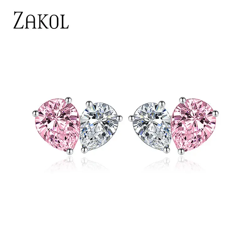 ZAKOL Romantic Zirconia Pink Love Heart Jewelry Sets for Women Trendy Water Drop Earrings Necklace Set Valentine\'s Day Jewelry