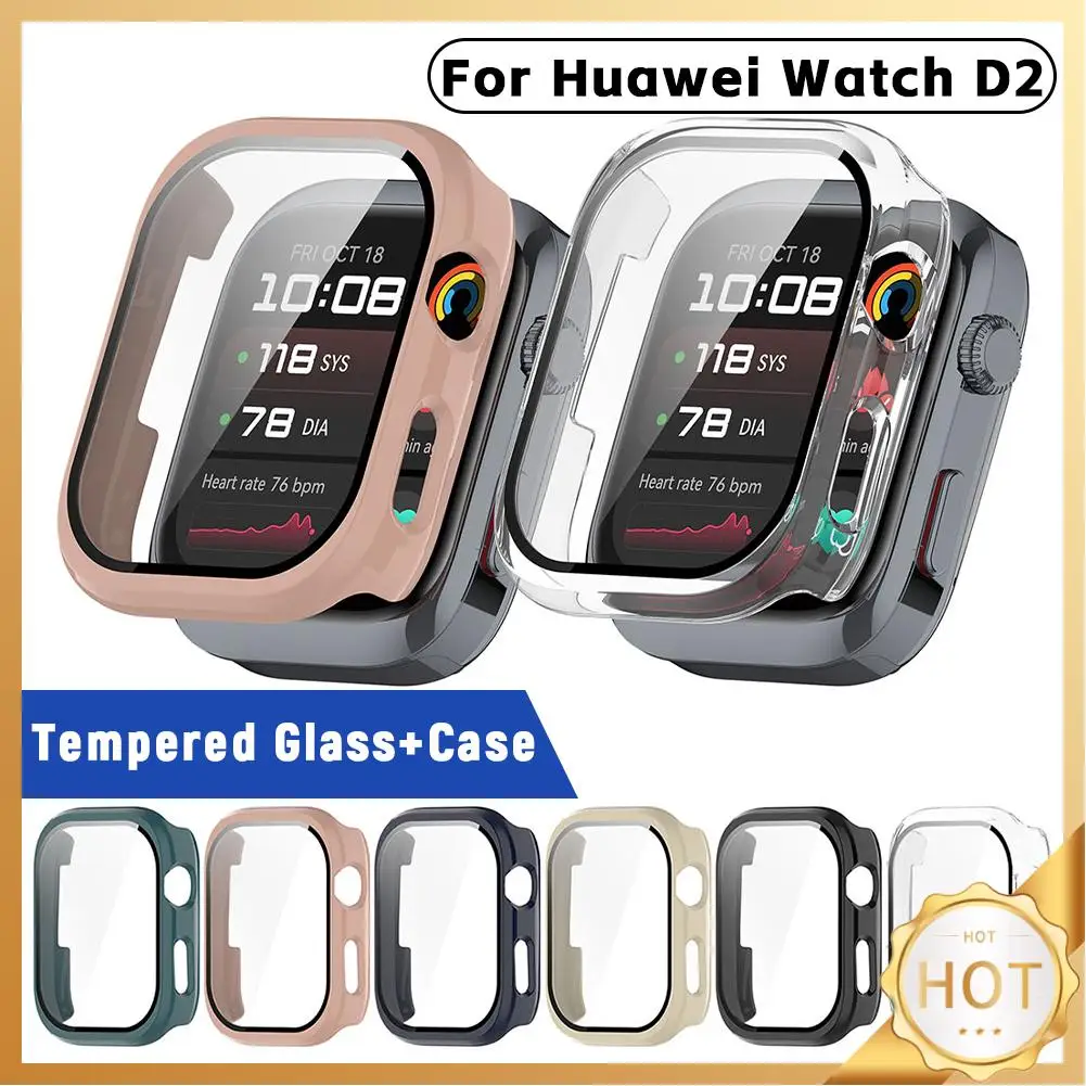 2 Pack Tempered Glass+Case Screen Protector Frame Bumper Cover Shockproof Hard PC Case Screen Protector for Huawei Watch D2