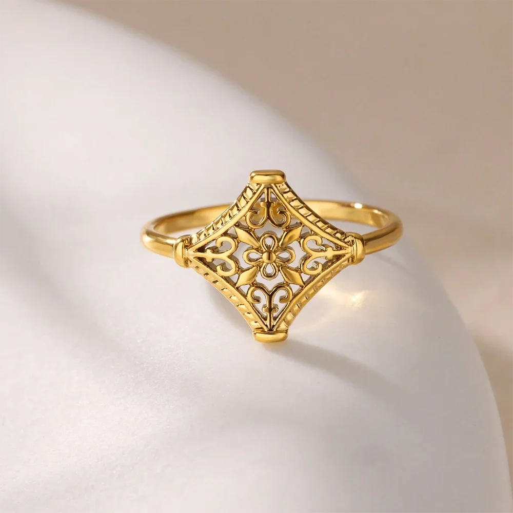 Viktorianischer Goldfarbener Ring für Damen und Herren, zierliche Spitze, Blumenmuster, hohle Ringe, Vintage-Boho-Edelstahl-Schmuck, Paar-Geschenk