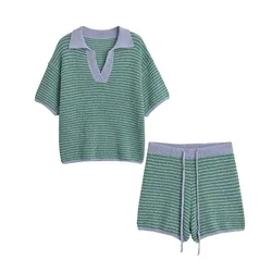 High Waisted Knitted Shorts Sets For Women 2 Pieces Fashion Polo-Neck Women's Suit Two Piece Set Women Outfit