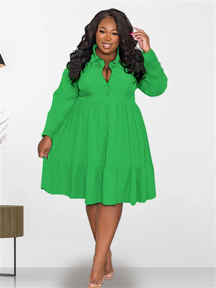 Wmstar Plus Size Dresses Women Clothing Solid Long Sleeve Elegant Casual Cute Ball Gown Shirts Mini Dress Wholesale Dropshipping