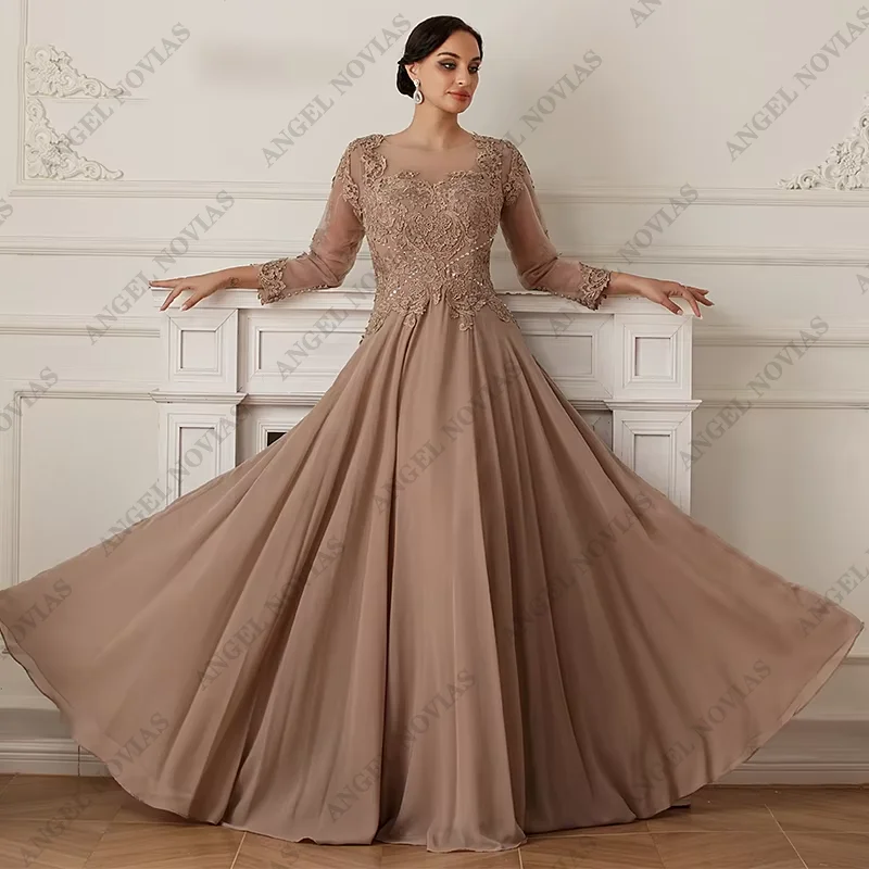 Robe mère de la mariée en mousseline de soie champagne, manches longues, robe de soirée de mariage, 85348