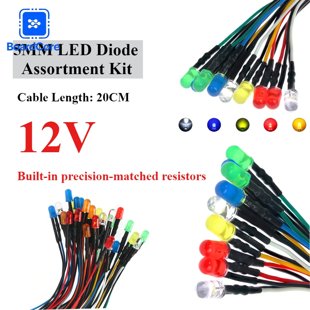 12V High Bright 5MM LED Diode Assortment Pre-soldered Wire 20CM Red Green Blue White Yellow Orange for Circuit Project