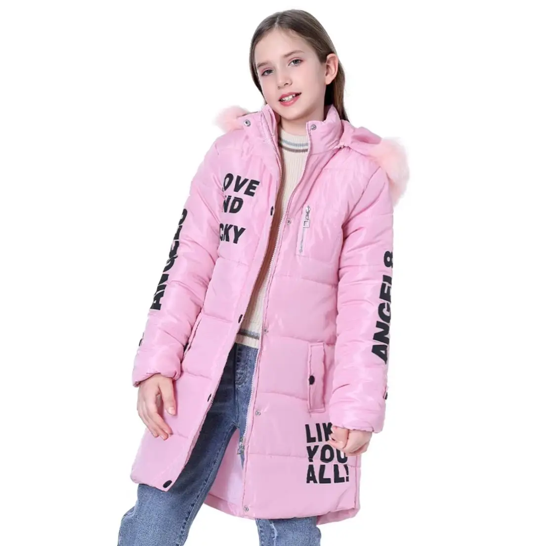 Girls Winter Puffer Coat Warm Padded Jacket Kids Printed School Parka Thick Cotton Casual Quilted Snow Faux Fur Hood Overcoat