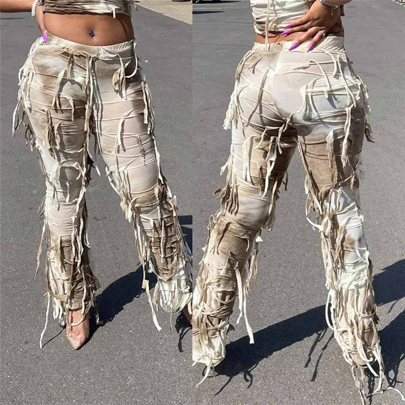 OMSJ 2024 Street Style Y2K Tie Dye Broken Hole High Waist Fringe Elastic Straight Trousers Stretch Female Legging Partywear