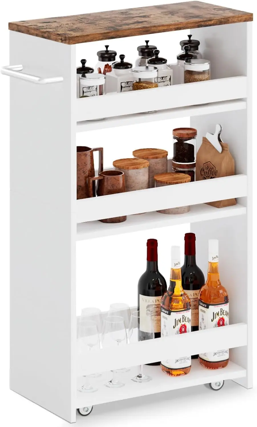 

Тонкая 4-уровневая тележка для хранения на колесиках с ручкой для организации пространства на кухне, в ванной и прачечной, белая