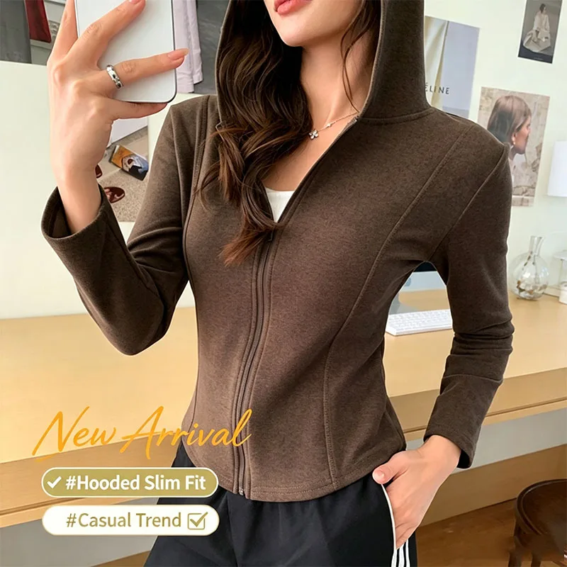 Autumn Winter Cardigan Hoodies for Female Korean Slim Fit Thicken Warm Zip-Up Sweatshirts Jackets Sports Long Sleeve Tops Coats