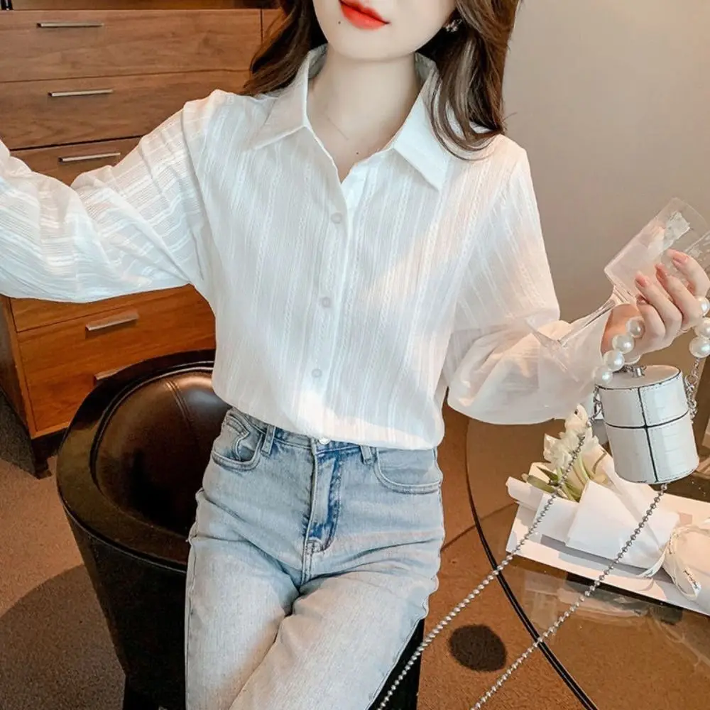 Sweet Strip Shirt Top Thin Casual Long Sleeve Blouse Spring Summer Autumn Sun Protection Button Shirt for Women