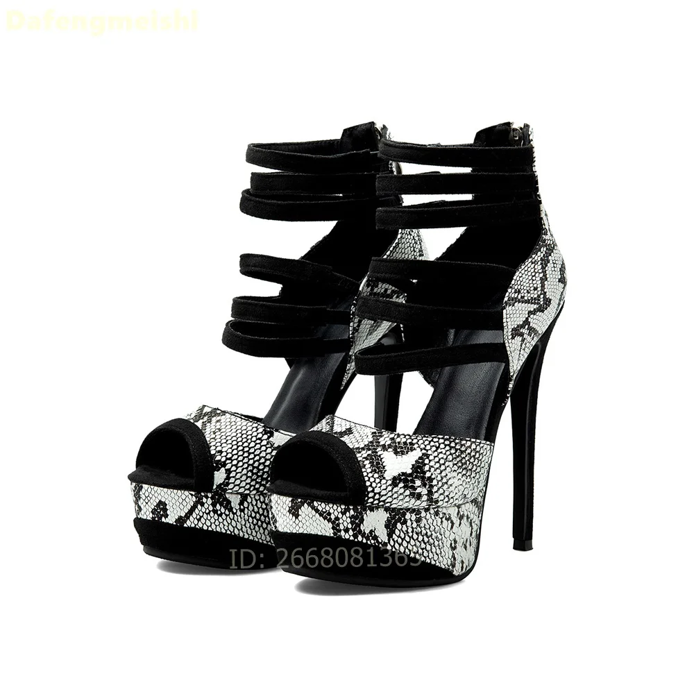 Snake Print Platform Ankle Strap Sandals Peep Open Toe Multi Thin Strap Back Zipper Stiletto Heels Women Gothic Party Shoes