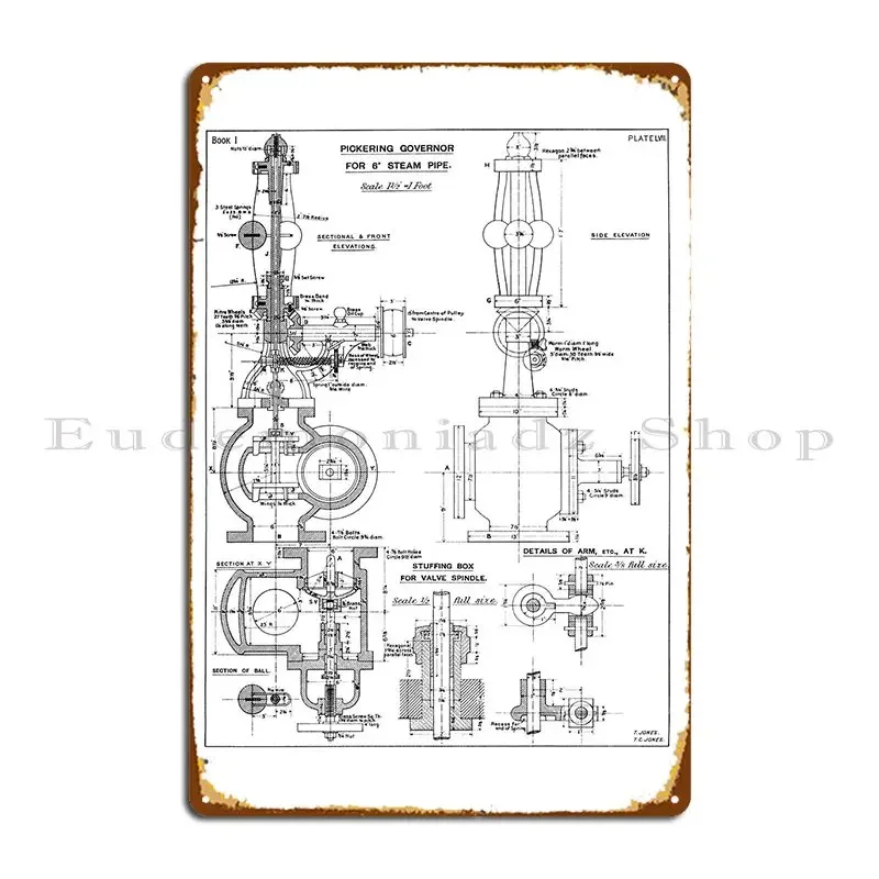 Vintage Drawing Of Steam Engine Governor From An Edwardian Textbook On Technical Drawing Metal Plaque Poster Custom Garage