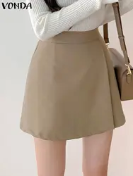 VONDA 2024 Summer Elegant Office Skirts Women Fashion High Waist Short Mini Skirts Pleated Casual Solid Color A-Line Vestidos