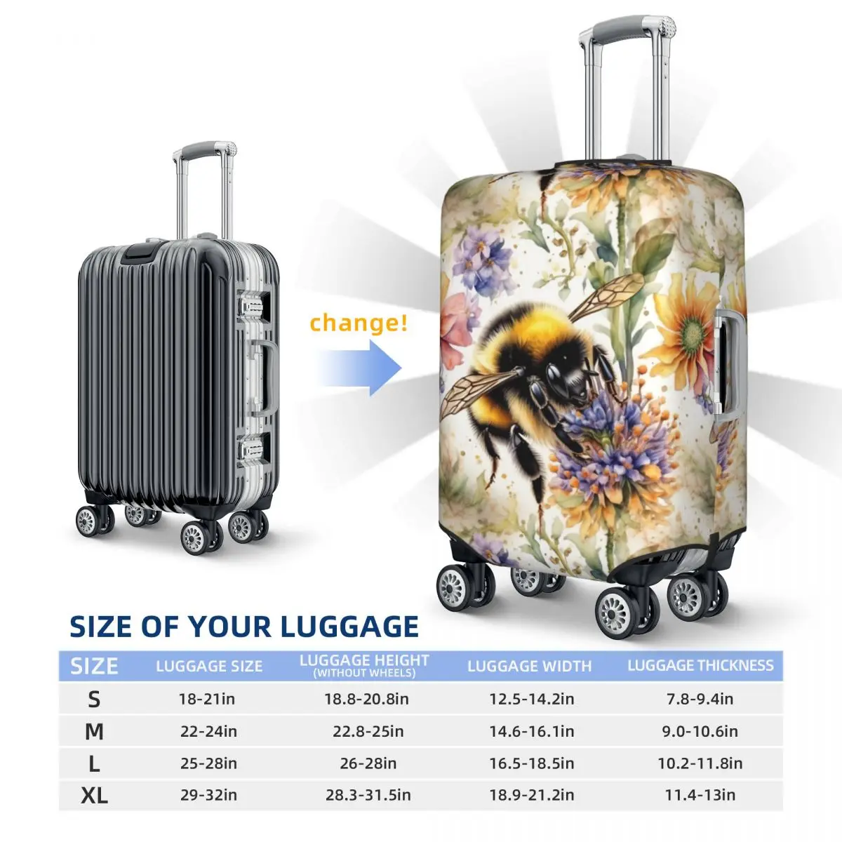 Housse de protection pour bagages à imprimé Floral abeille drôle, housses de valise de voyage lavables