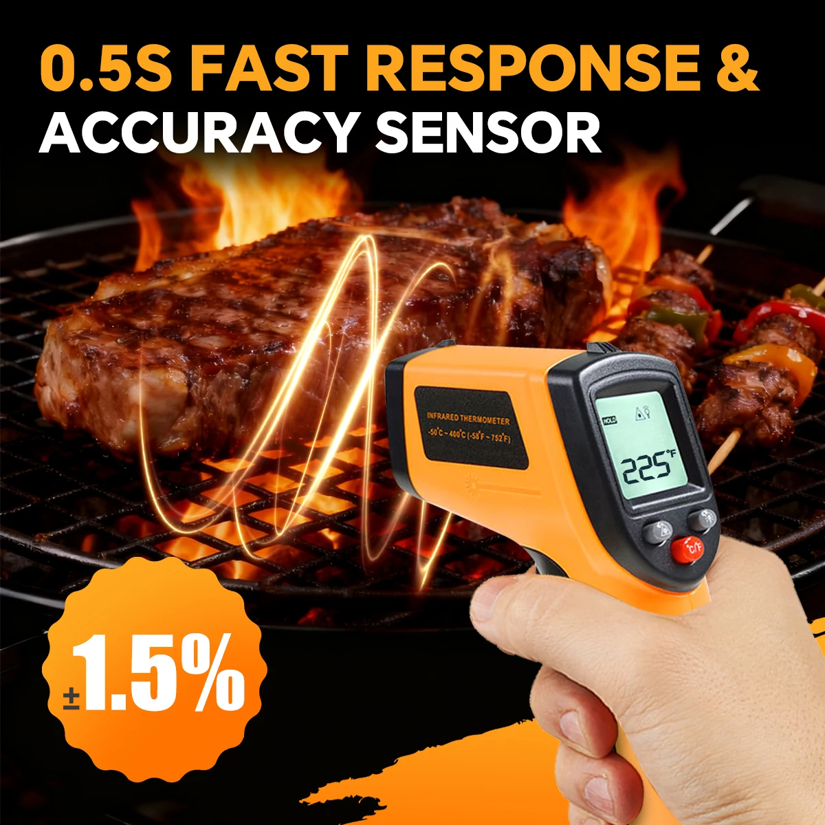 Berührungsloses digitales Infrarot-Thermometer -50~400 ° C (-58~752 ° F) Handgehaltenes Display mit Hintergrundbeleuchtung für Grillfleisch und Lebensmittel – Detail 3