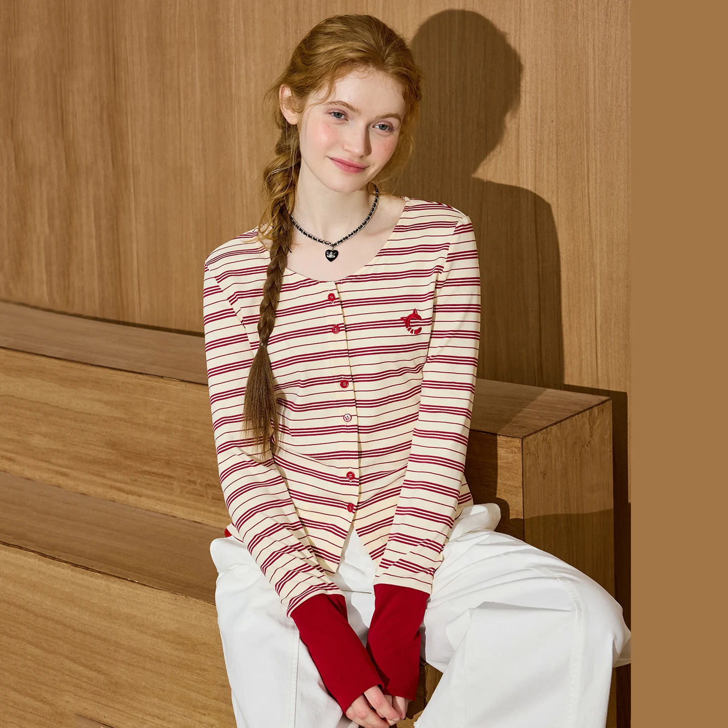 Coolhut American Lazy Striped Color Block Open Cardigan Embroidered Label Long Sleeve Women's T-shirt Autumn New Style Casual...