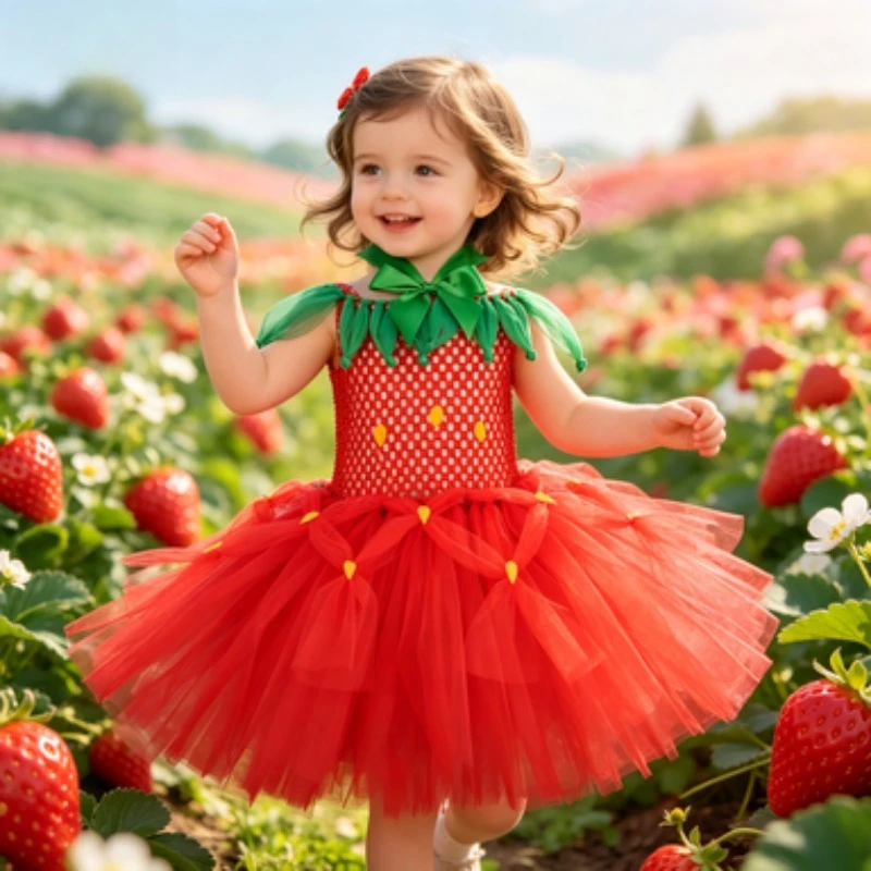 Kids Cute Strawberry Print Princess Dress, Multi-Layer Soft Breathable Tulle Tutu Skirt, Girls Party Holiday Daily Wear Outfit