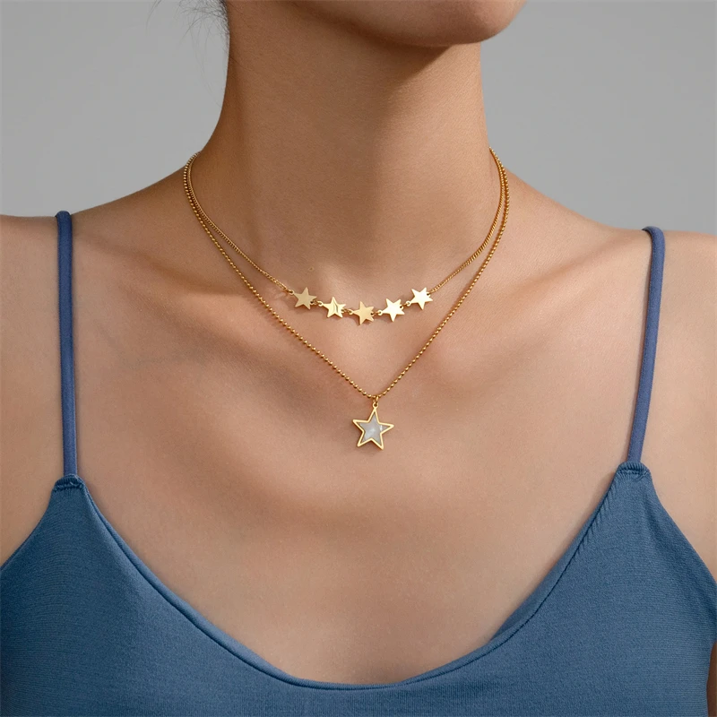 316L Stainless Steel Fashion Upscale Jewelry 2 Layer Natural Shell Stars Charms Beaded Chain Choker Necklace & Pendant For Women