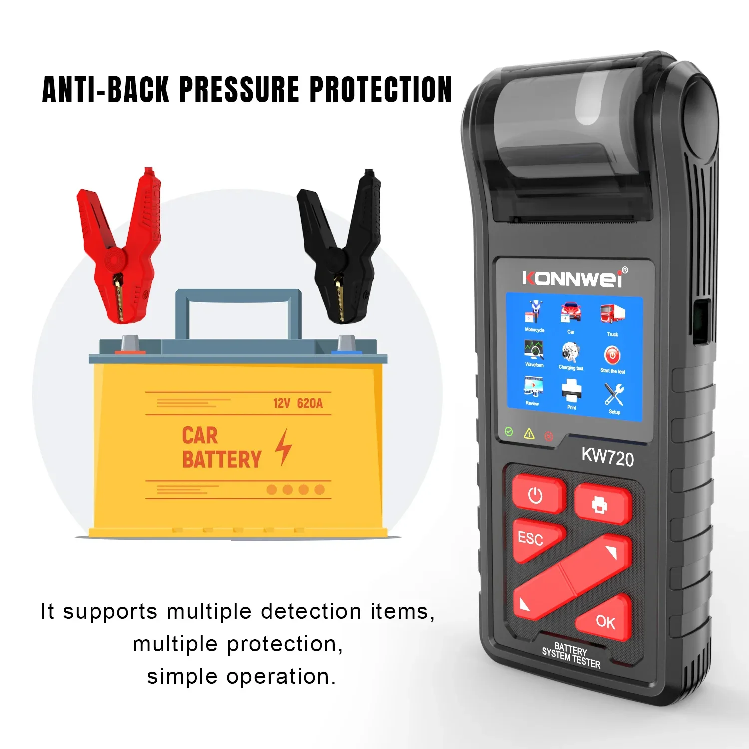 KONNWEI KW720 6V /12V /24V Battery Tester Analyzer Charging Cranking Test Tool for Motorcycle Car Truck with Integrated Printer