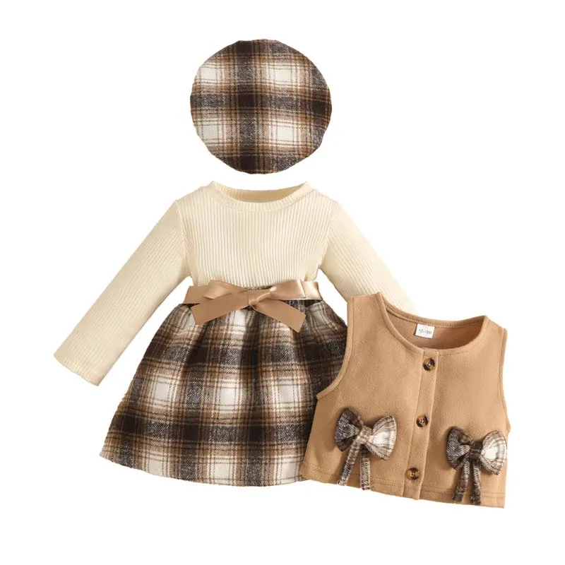

Infant Toddler Girls Clothes 3Pcs/sets Dress Paired with Sleeveless Waistcoat and Hat Autumn Winter Baby Girl Clothing 1–3Years