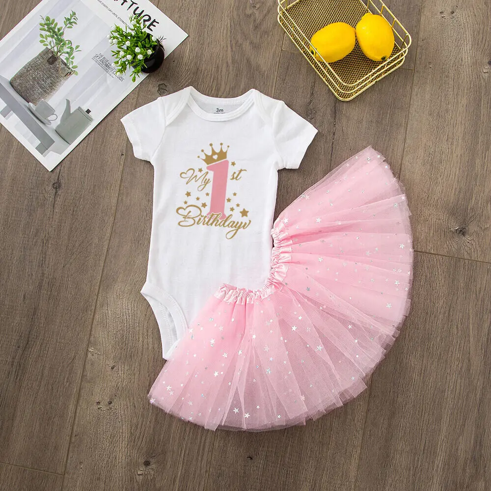 Mein 1. Geburtstag Baby Mädchen Geburtstags kleid Bodysuit Set rosa Tutu Kuchen Kleider Stram pler Outfits Mädchen Sommerkleid ung Overall