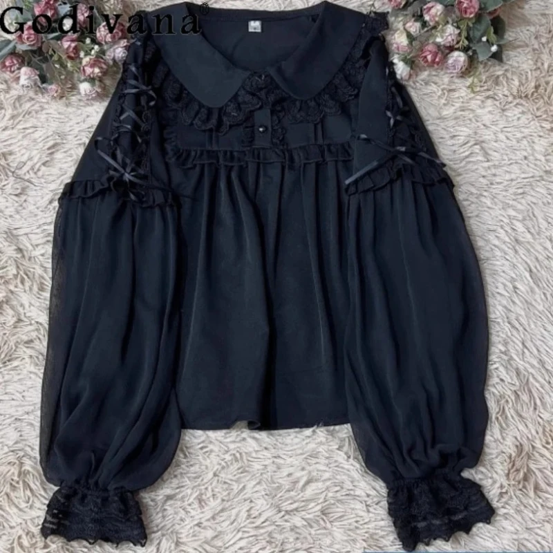 

Autumn Winter Lolita Sweet Peter Pan Collar Long Sleeve Shirts Girl Versatile Age Reduction Loose Lace-up Jk Bottoming Shirt