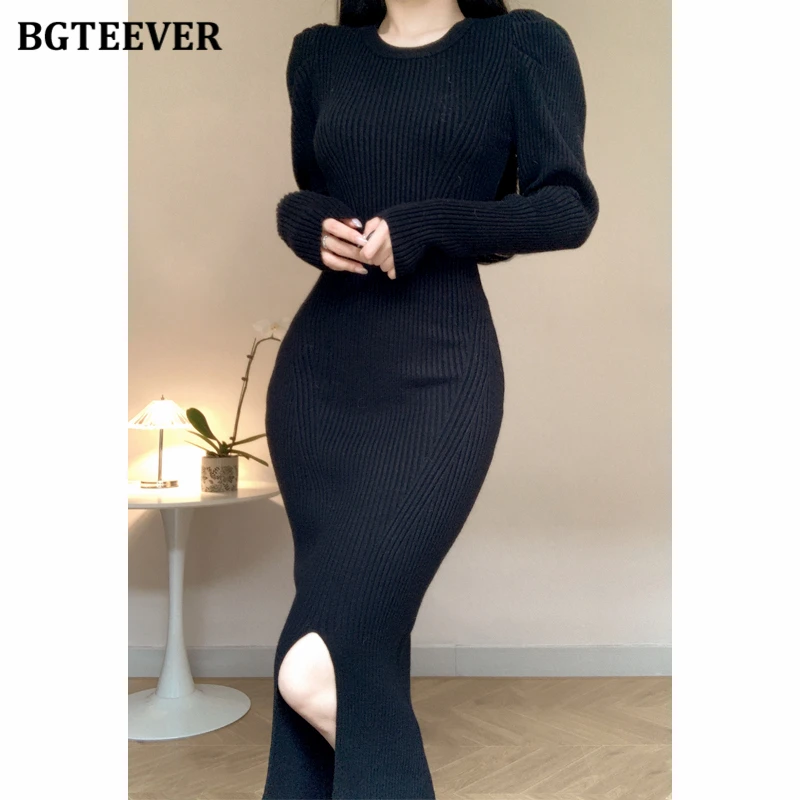 Bgteever Herbst Winter Puff ärmel weibliches Paket Hüft strick kleid elegantes O-Ausschnitt schlanke Taille Frauen Split Bodycon Pullover Kleid