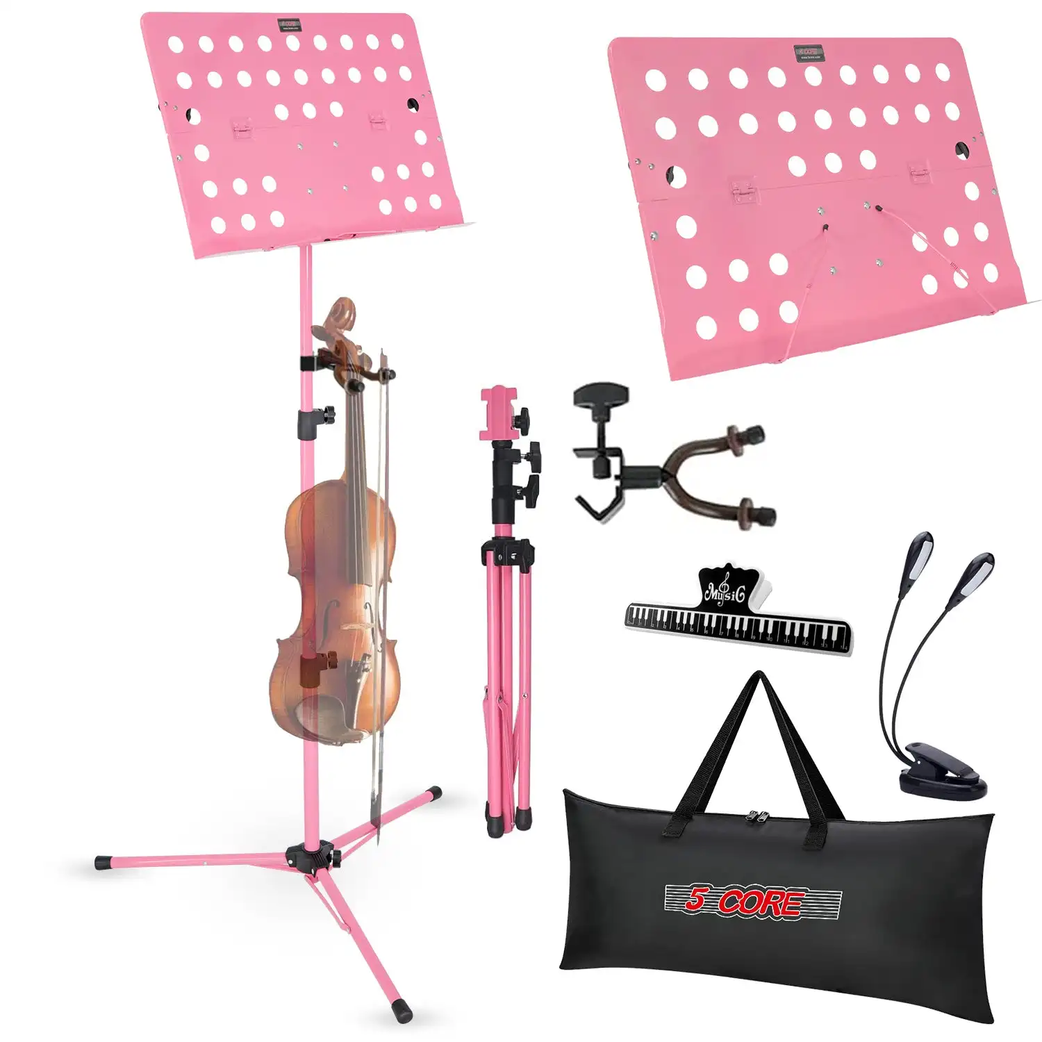 

5 Core Music Stand For Sheet Music Portable Tripod Adjustable Folding Note Holder MUS FLD HD ACC PNK