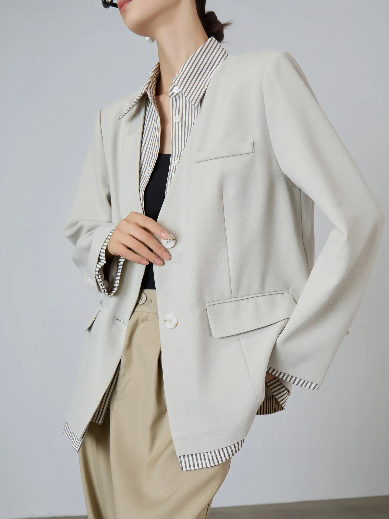 Women's White Layered Blazer Jacket Casual Loose Fit