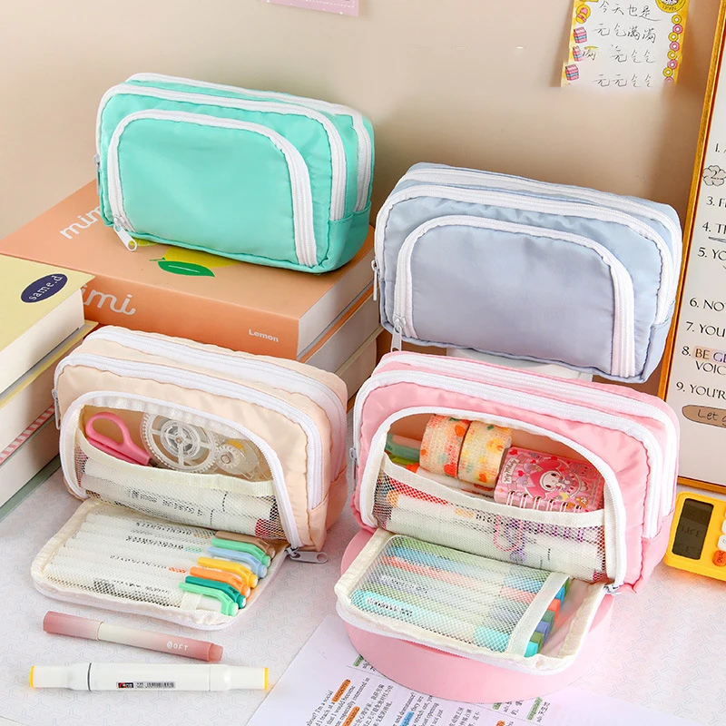 Large Capacity Pencil Bag Simple Solid Color Pencil Case Cute Fashion Stationery Storage Bag School Office Supplies Gifts