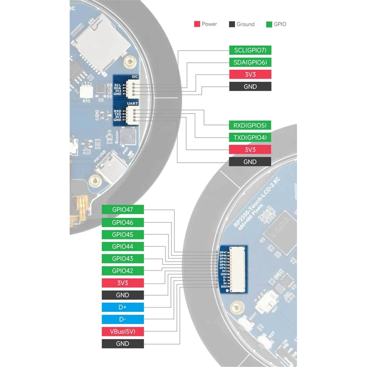 2025 + لـ RP2350B 2.8 بوصة شاشة IPS LCD دائرية تعمل باللمس 480x480 ثنائي النواة ثنائي العمارة