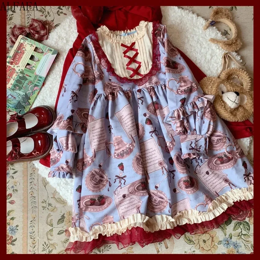 Robe Lolita Vintage en dentelle imprimée, col haut, col croisé, manches longues, vêtements de princesse, cadeau Jk Kawaii pour poupée fille