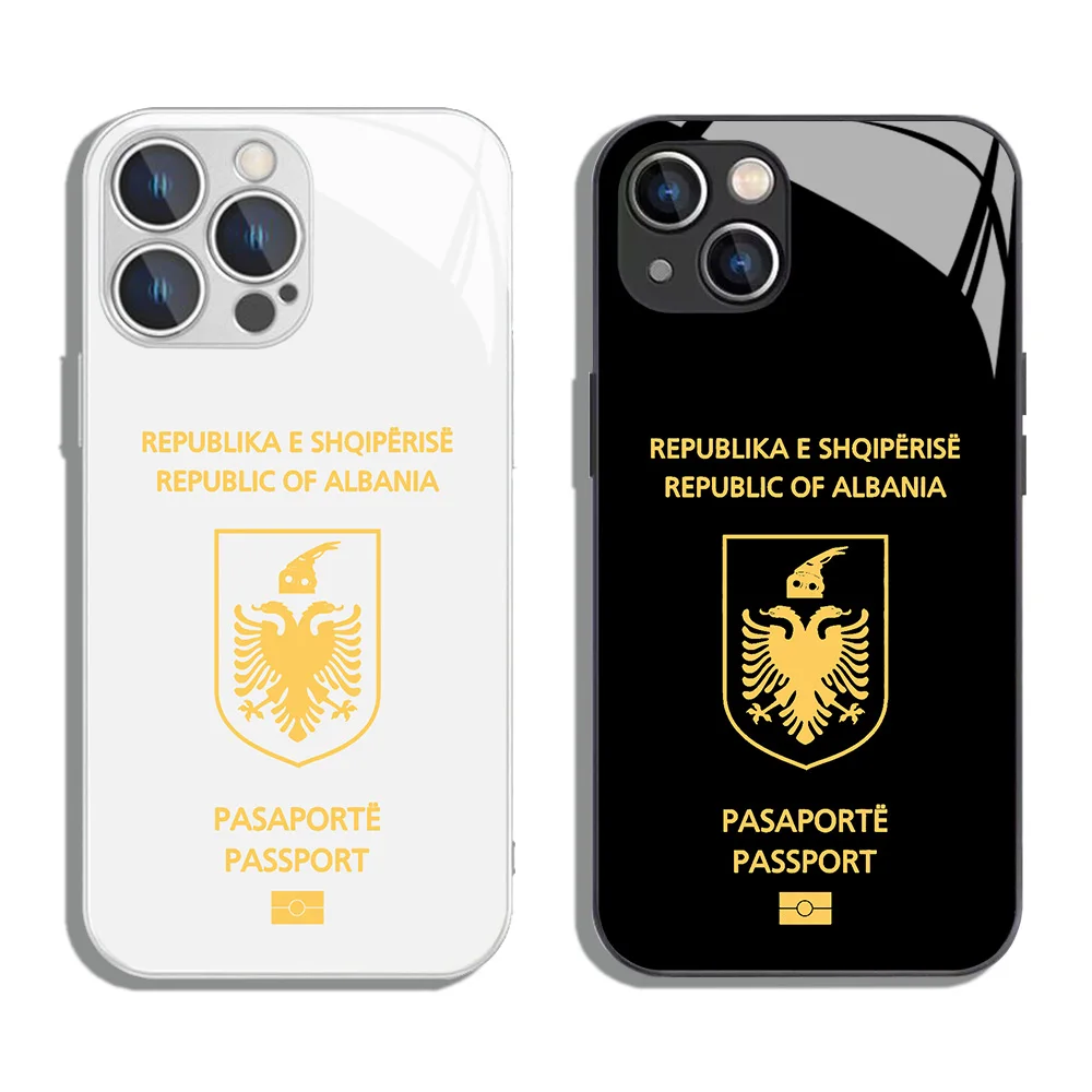 Albania Passport Metallic-Color Phone Case For iPhone X XR XS 16 15 14 13 12 Mini 11 Pro Max 7 8 SE20 Plus Glass Hard Cover