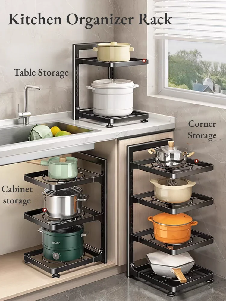 Kitchen Organizer Rack 2/3/4 Tier Under Sink Pot Storage Racks Adjustable Cabinet Pot Rack Holder Rust-Free Bowl Shelf Organizer