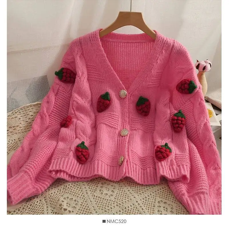 Cardigan Sweater Chunky Knit Button Front Cute Strawberry Soft Sweet Sweaters Jacket Teen-Girl Women Fairycore Outfit