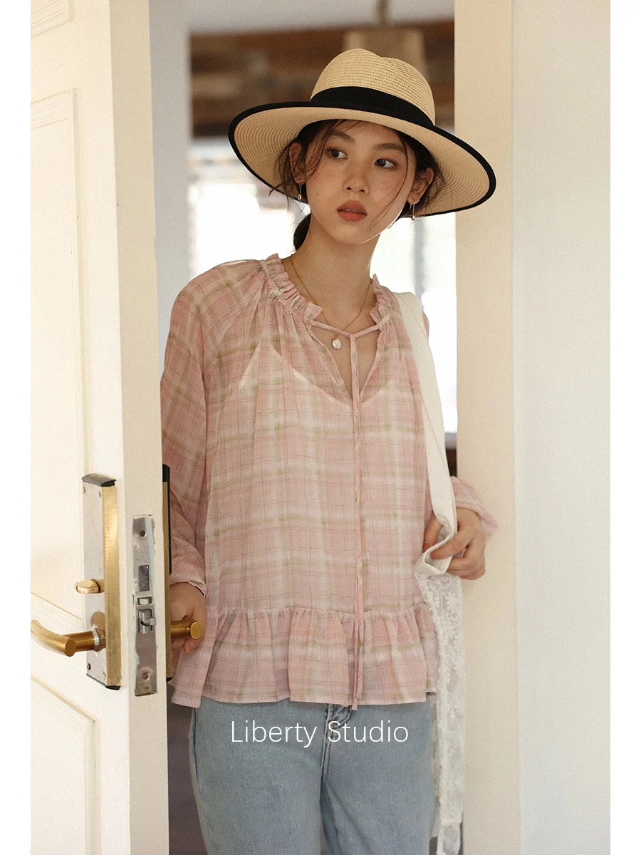 

Повседневная розовая шифоновая рубашка в клетку для женщин, свободного кроя, с длинным рукавом, V-образным вырезом, с принтом, модная, весна-лето, новинка