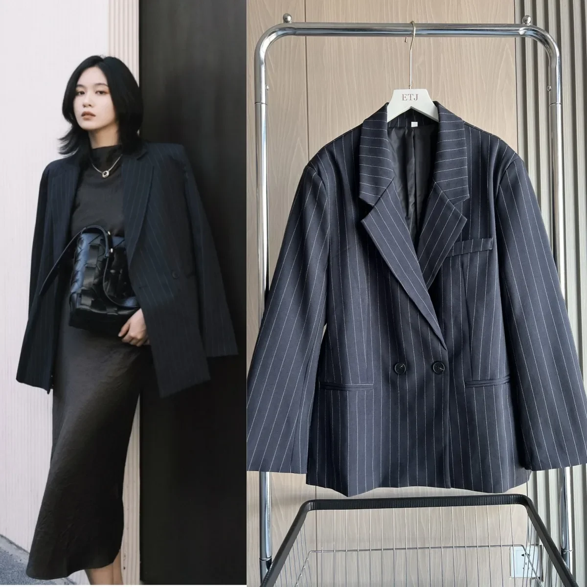 

Новинка 2023 года, женские пиджаки, уличная мода, большой пиджак в тонкую полоску, свободный пиджак с подкладкой на плечах для женщин