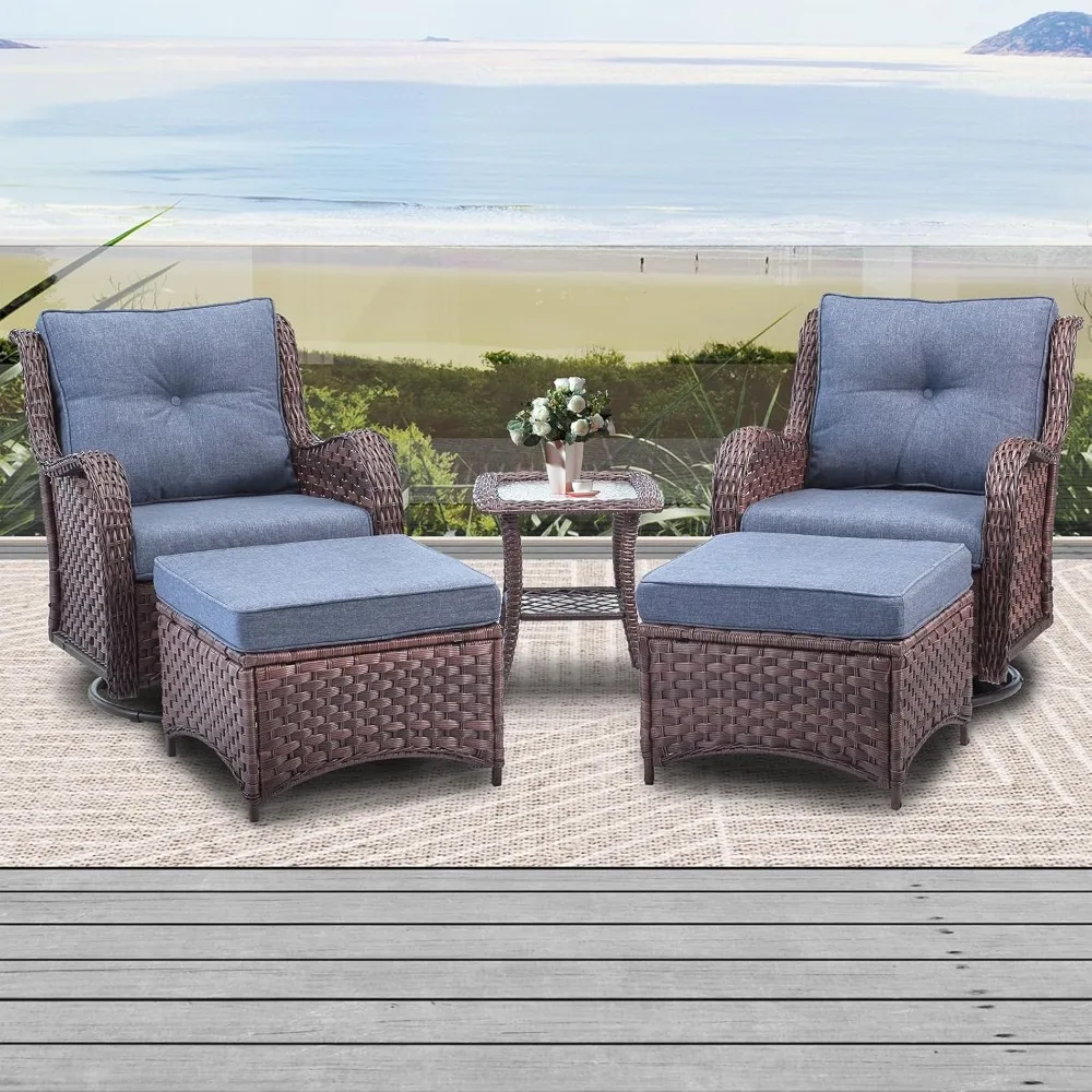 5 Pieces Outdoor Patio Furniture Set, Rattan Wicker Swivel Rocker Chairs Sets with Ottomans, Swivel Glider Chairs, Coffee Table