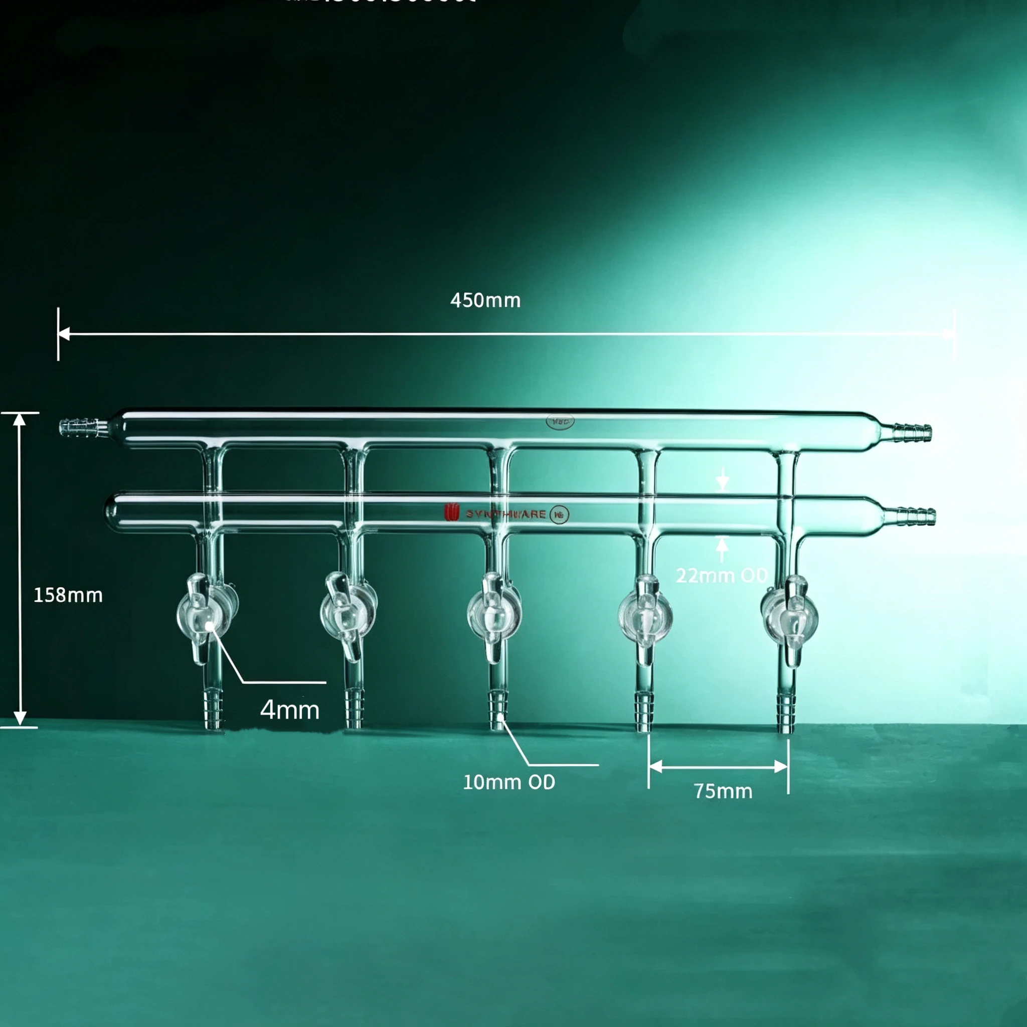 M300005,Vacuum Gas Distributor With Double Row Pipes, Solid Plug, Manifold, High Vacuum Solid GLass Stopcocks