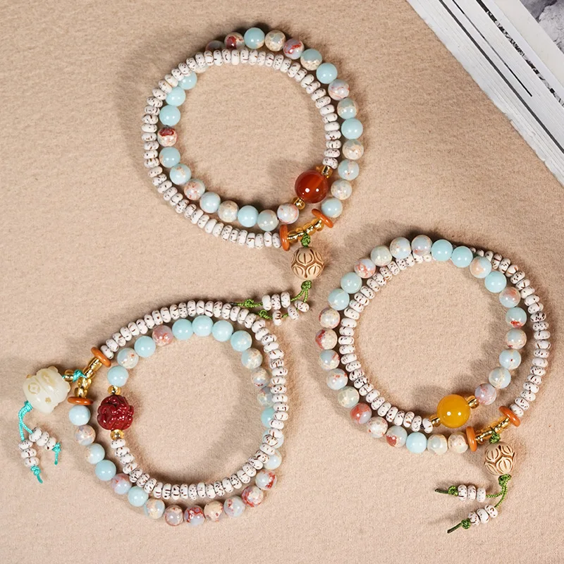 Chinese Style Lucky Mini Star Moon Bodhi Seed Beaded Bracelet Lotus Cat Paw Pendant Prayer Mala For Women Men Blessing Fortune