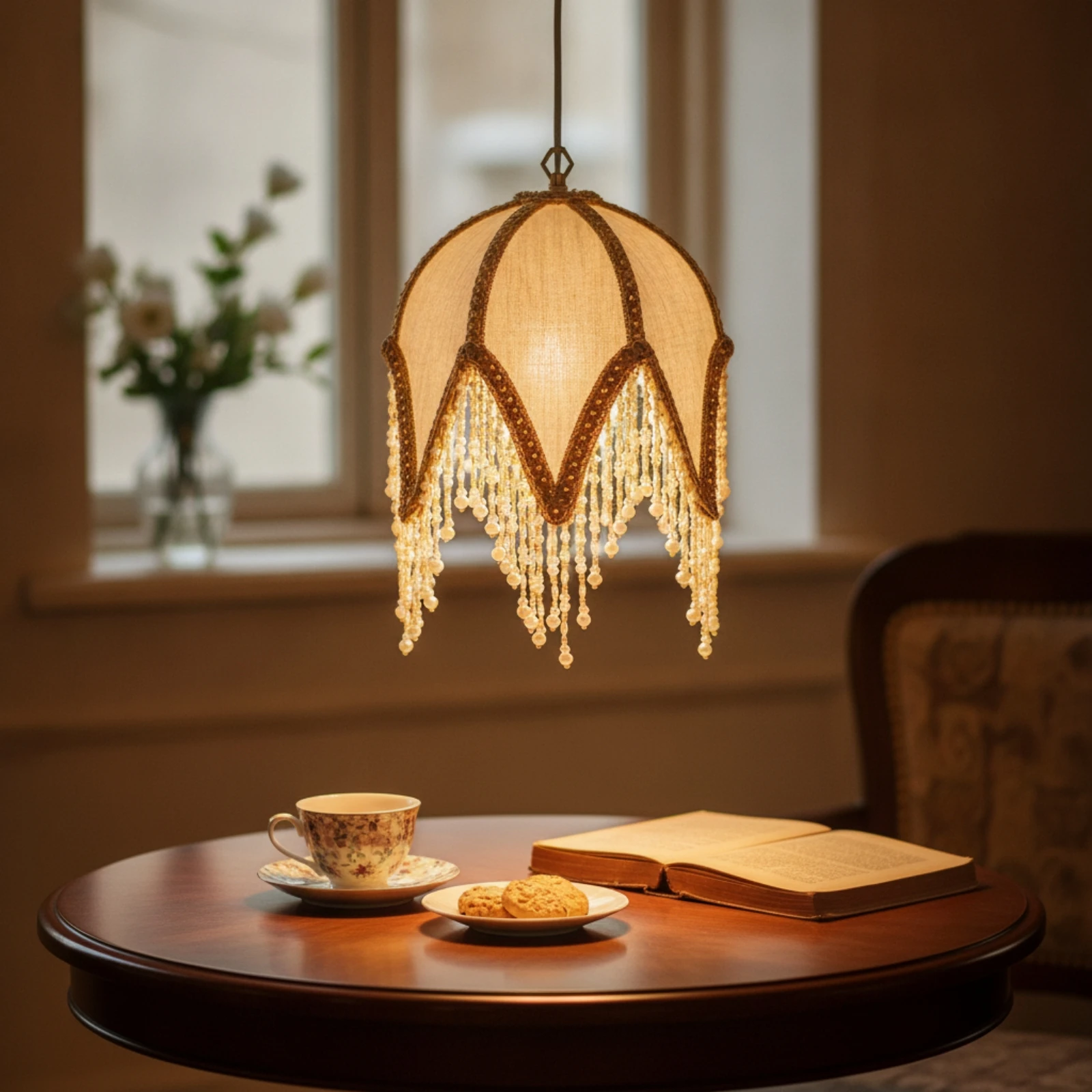 Lampshade Cover with Bead Fringe Beaded Replacement Lamp Shade Pointed Soft Light for Photo Styling, Tea Rooms