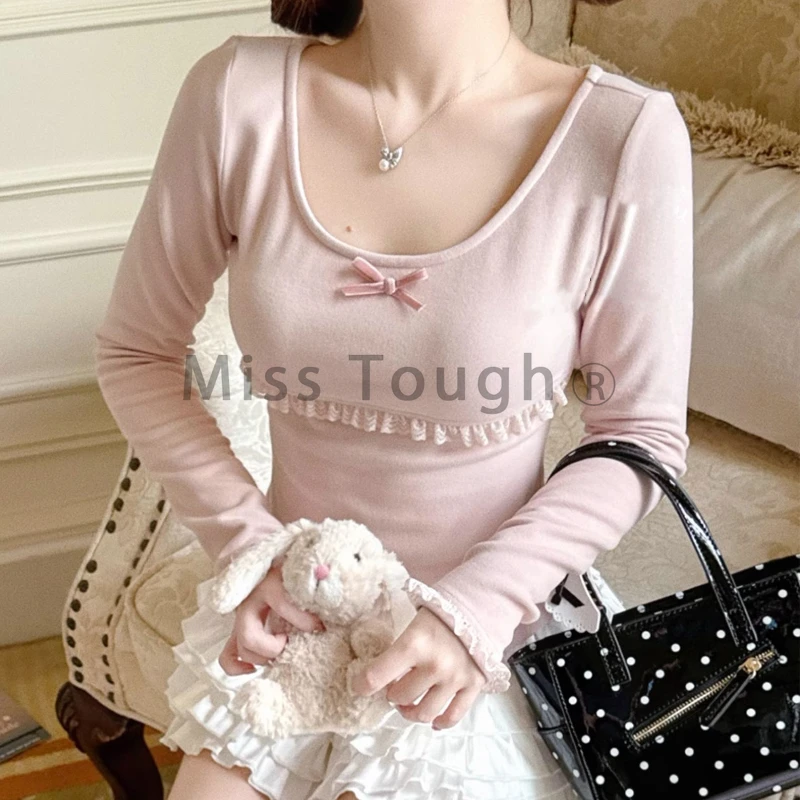 Autumn Winter New Sweet Pink Blouse Women Bow Crewneck Long Sleeve Underneath Base Layer Tops Japanese Kawaii Slim Clothes 2025