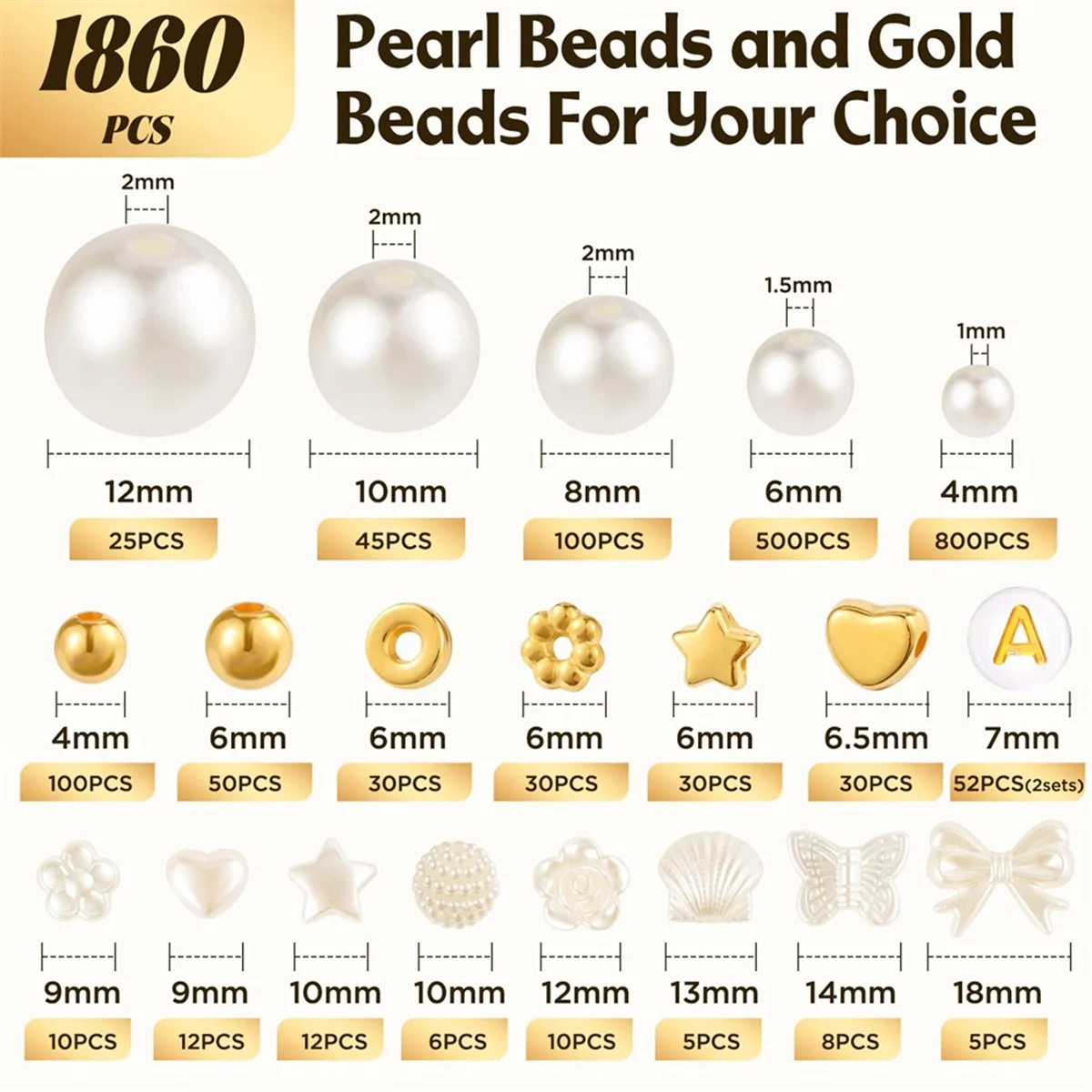 

A20M, 1860 шт., набор для изготовления браслетов из бисера, 5 размеров, круглые бусины из белого жемчуга, различные бусины для изготовления ювелирных изделий, поделки своими руками