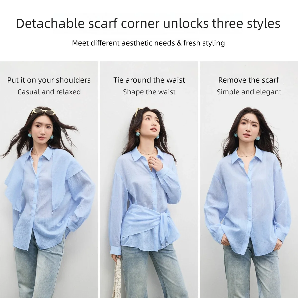 SENTUBILA Subtle Striped Shirts for Women Fashion Detachable Scarf Lapel Collar Casual Loose Fit Long Sleeve Blouse 161CH5424