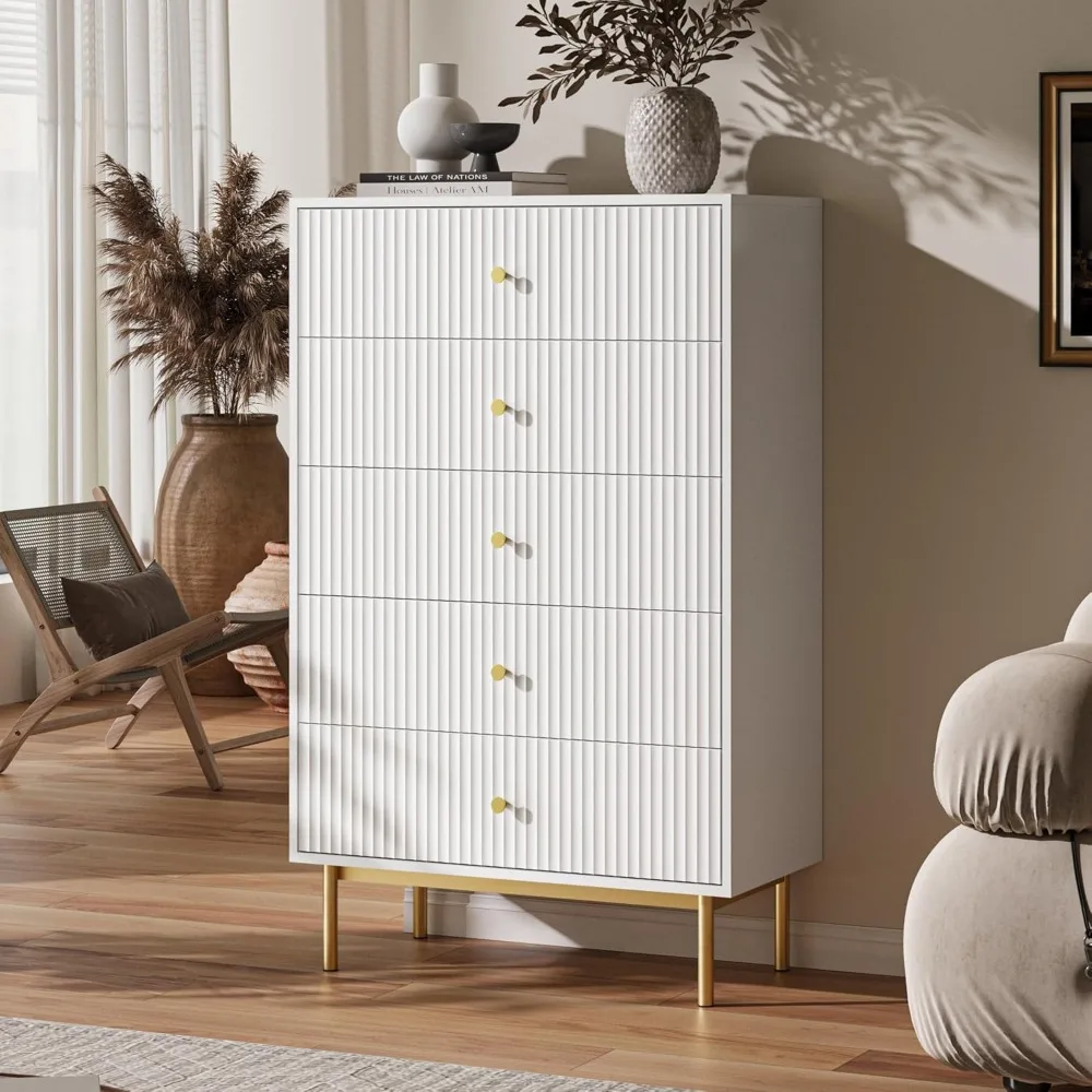 Bedroom White Tall Chest with Gold Drawer Handles and Wood Storage