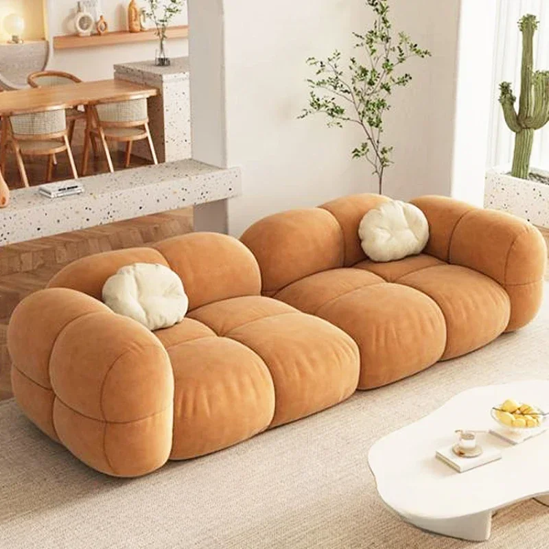 

Fabric cookies living room sofa Tian Zi lattice bread multi-person cream style family curved sofa