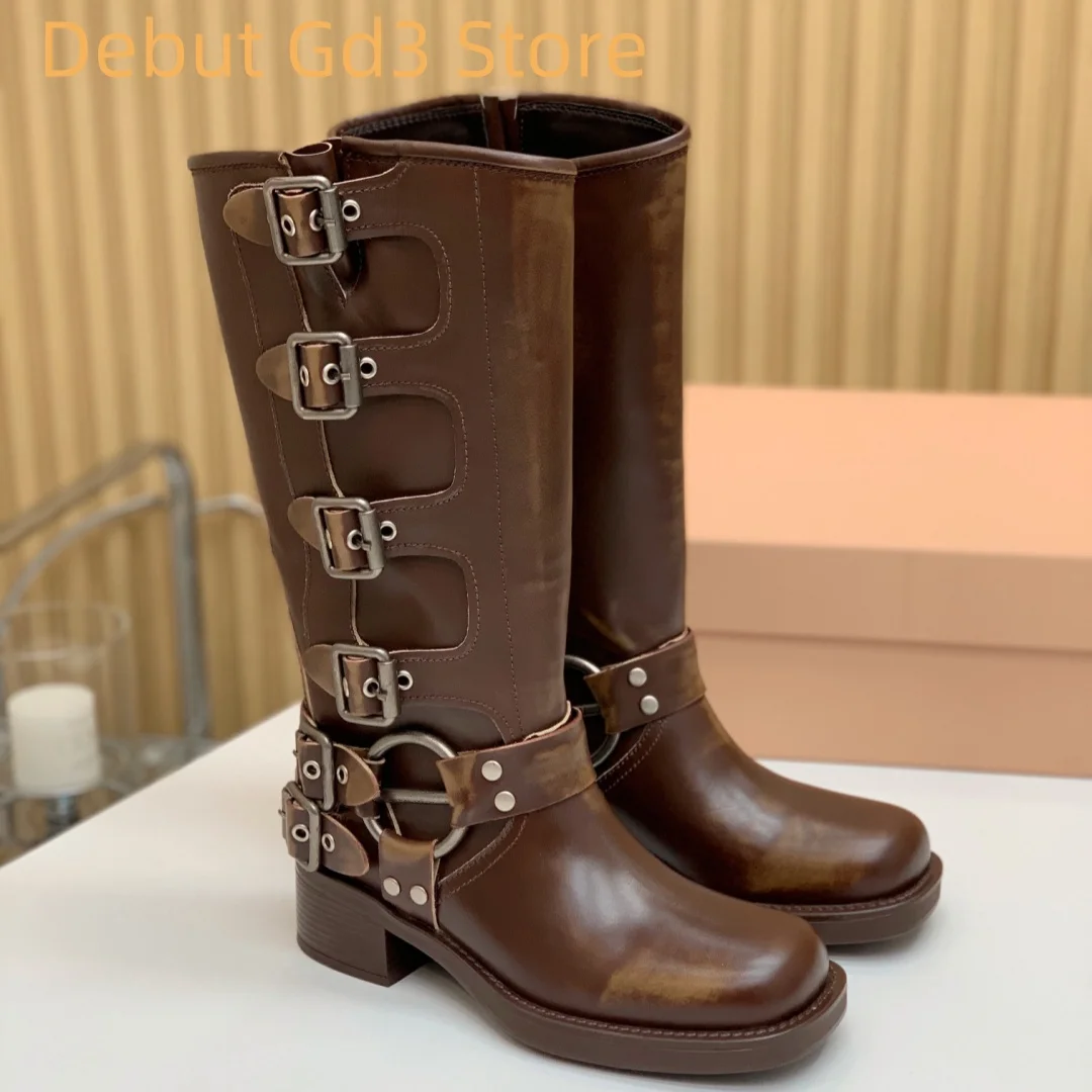 

2024 New American retro long boots, genuine suede high leg early autumn Western cowboy boots, belt buckle high leg Martin boots