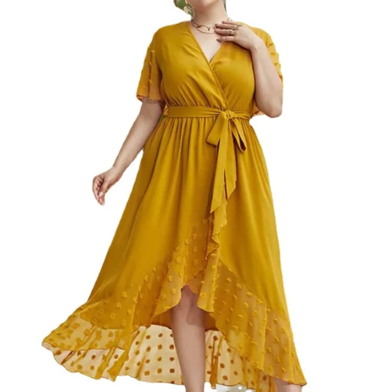 L-4XL Plus Size Dresses for Women 2023 Summer Yellow Short Sleeve Dot Mesh V Neck Bandage Casual Elegant Evening Long Dress