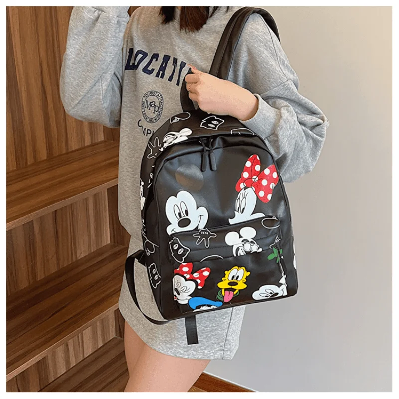 Disney Mickey PU Leather Backpack New Cute Cartoon Laptop Bag Minnie Mouse Large Capacity School Bag for Women Fashion Tote Bag